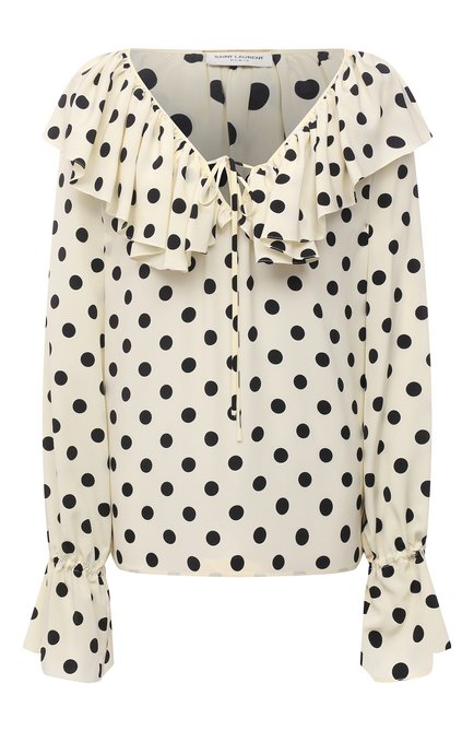 Женская шелковая блузка SAINT LAURENT молочного цвета, арт. 556416/Y145U | Фото 1 (Рукава: Длинные; Материал внешний: Шелк; Длина (для топов): Стандартные; Стили: Романтичный; Женское Кросс-КТ: Блуза-одежда; Принт: С принтом; Региональные ограничения белый список (Axapta Mercury): RU)