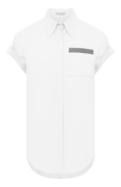 Женская хлопковая рубашка BRUNELLO CUCINELLI белого цвета, арт. M0091M0336 | Фото 1 (Принт: Без принта; Рукава: Короткие; Женское Кросс-КТ: Рубашка-одежда; Длина (для топов): Удлиненные; Материал внешний: Хлопок; Стили: Кэжуэл)