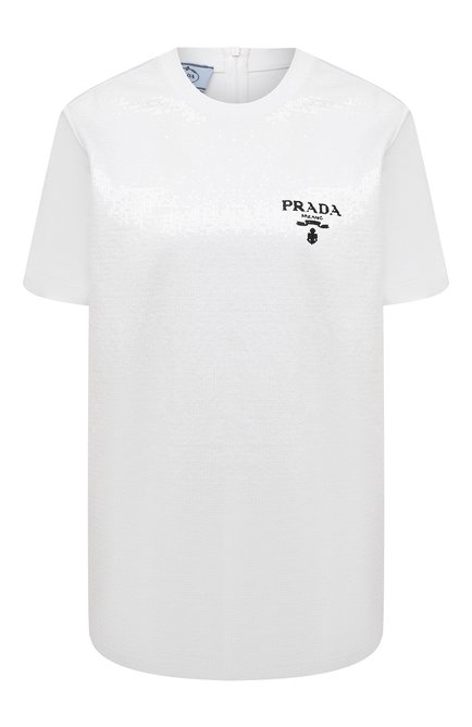 Женская хлопковая футболка с отделкой пайетками PRADA белого цвета по цене 125000 руб., арт. 3581AR-10AG-F0009-221 | Фото 1