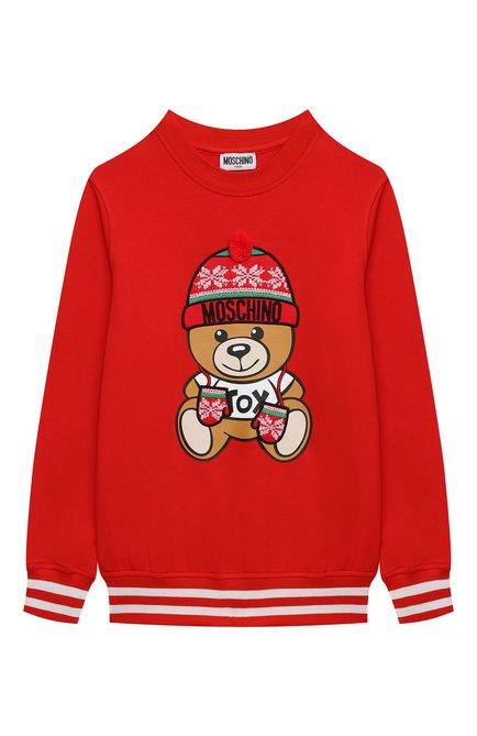 Детский хлопковый свитшот MOSCHINO красного цвета, арт. H8F039/LDA14/10A-14A | Фото 1 (Рукава: Длинные; Материал внешний: Хлопок; Девочки Кросс-КТ: Свитшот-одежда; Ростовка одежда: 10 - 11 лет | 140 - 146см, 12 лет | 152 см, 13 - 15 лет | 158 см)