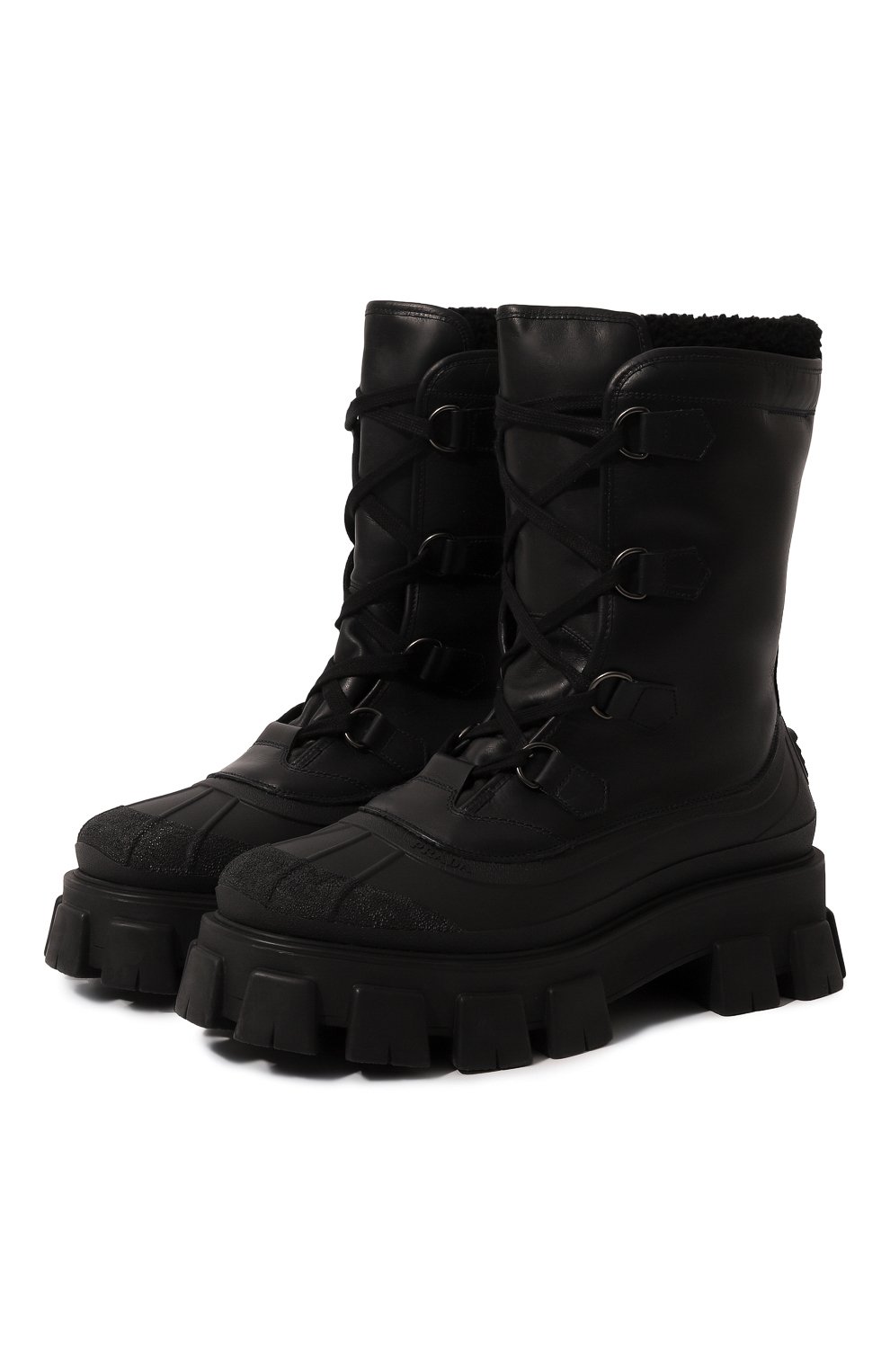 Мужские кожаные сапоги PRADA черного цвета, арт. 2UE014-3A6N-F0002-A000 | Фото 1 (Каблук высота: Высок ий; Материал внешний: Кожа; Материал утеплителя: Натуральный мех; Мужское Кросс-КТ: зимние сапоги, Сапоги-обувь; Подошва: Массивная)