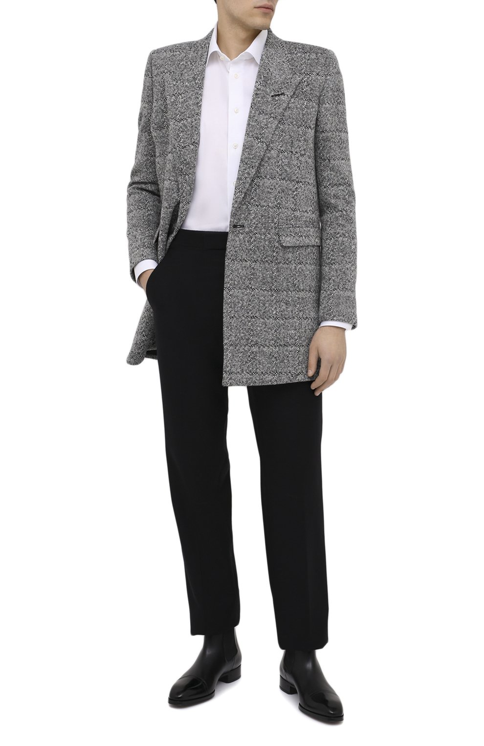Мужской пальто SAINT LAURENT серого цвета, арт. 626703/Y1B11 | Фото 2 (Материал внешний: Шерсть, Синтетический материал; Рукава: Длинные; Длина (верхняя одежда): До середины бедра; Материал сплава: Проставлено; Стили: Классический; Мужское Кросс-КТ: Верхняя одежда, пальто-верхняя одежда; Драгоценные камни: Проставлено; Материал подклада: Купро)