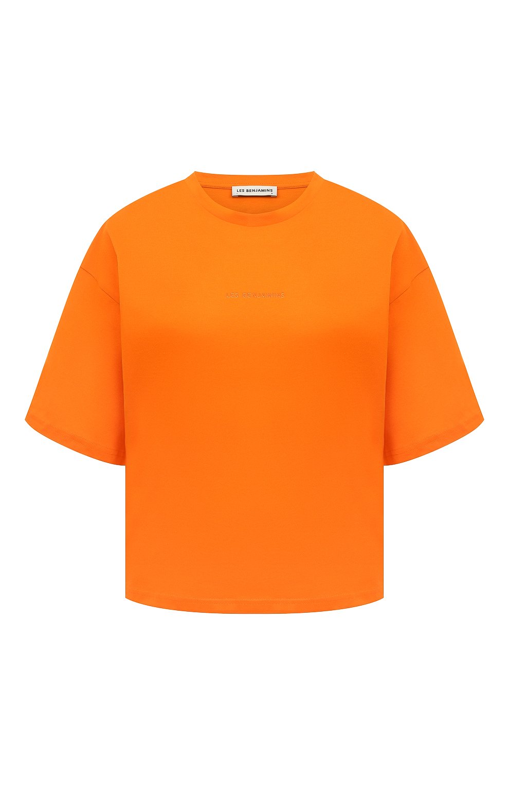 Женская хлопковая футболка LES BENJAMINS оранжевого цвета, арт. LB23SSESSFU0T-302 | Фото 1 (Принт: Без принта; Рукава: Короткие; Длина (для топов): Стандартные; Материал сплава: Проставлено; Материал внешний: Хлопок; Женское Кросс-КТ: Футболка-одежда; Драгоценные камни: Проставлено; Стили: Кэжуэл)