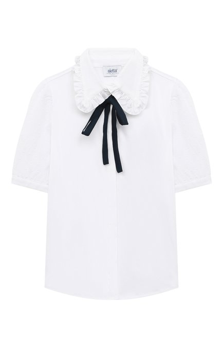 Детское хлопковая блузка ALETTA белого цвета, арт. AC220614C/4A-8A | Фото 1 (Материал внешний: Хлопок; Рукава: Короткие; Стили: Классический; Ростовка одежда: 6 лет | 116 см, 7 лет | 122 см, 8 лет | 128 см)