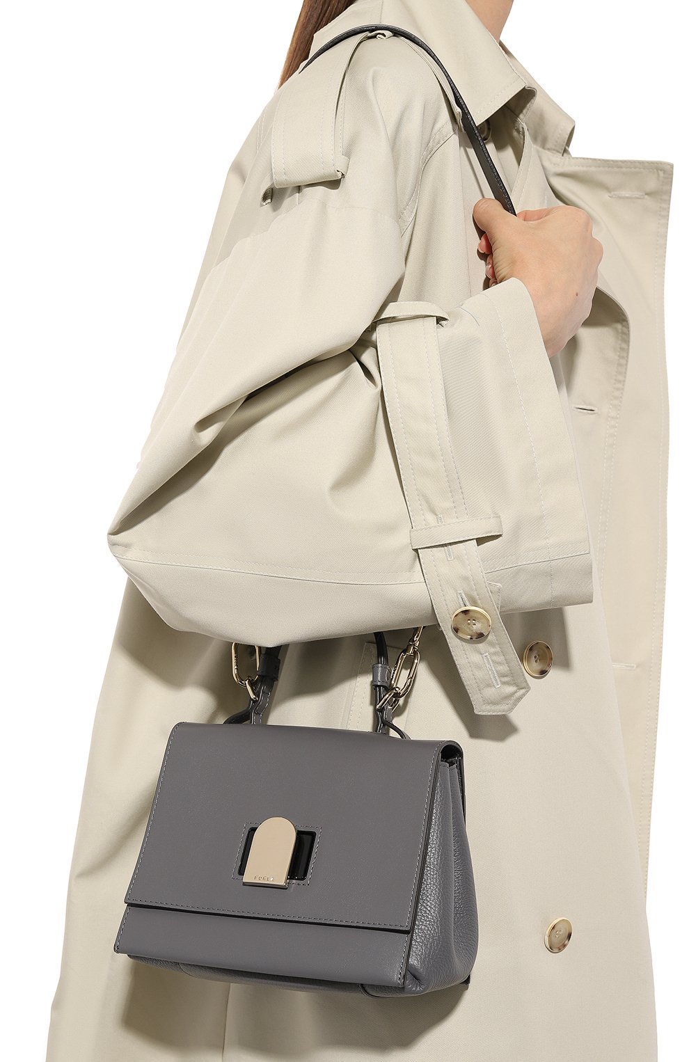 Женская сумка furla emma mini FURLA серого цвета, арт. WB00610/BX0053 | Фото 2 (Сумки-технические: Сумки top-handle; Материал: Натуральная кожа; Размер: mini; Ремень/цепочка: На ремешке)