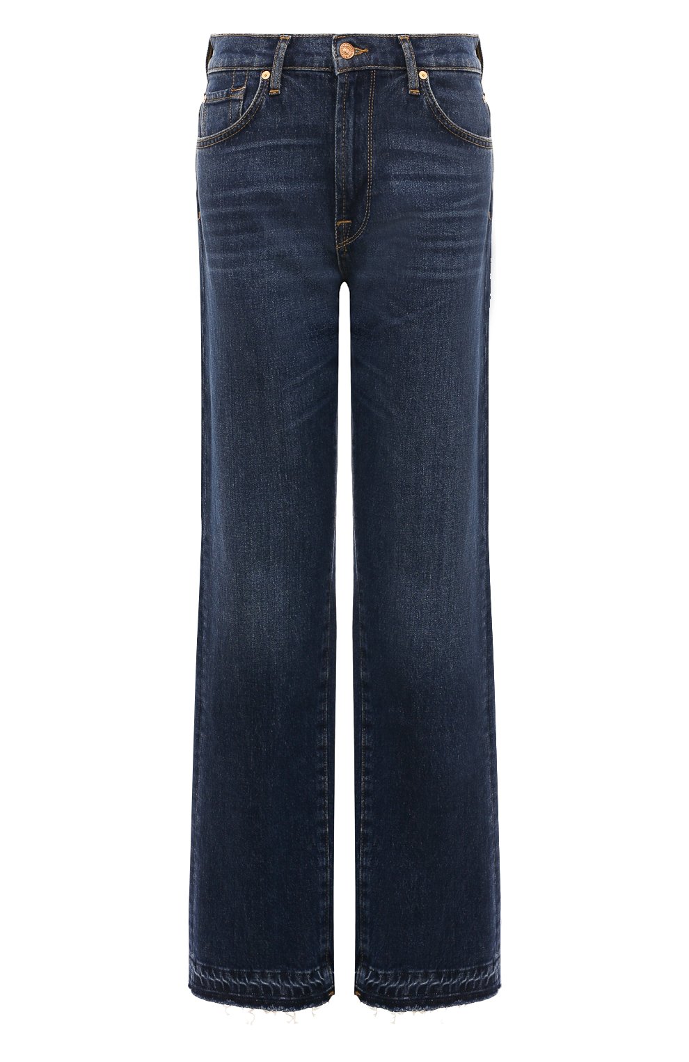 Женские джинсы 7 FOR ALL MANKIND синего цвета, арт. JSSTC650BS | Фото 1 (Длина (брюки, джинсы): Удлиненные; Кросс-КТ: Деним; Материал сплава: Проставлено; Силуэт Ж (брюки и джинсы): Расклешенные; Материал внешний: Хлопок, Деним; Детали: Потертости; Драгоценные камни: Проставлено; Стили: Кэжуэл)