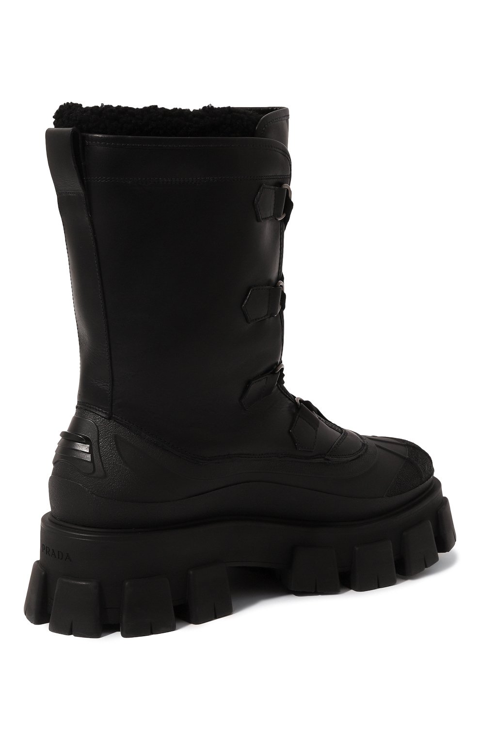 Мужские кожаные сапоги PRADA черного цвета, арт. 2UE014-3A6N-F0002-A000 | Фото 5 (Каблук высота: Высокий; Материал внешний: Кожа; Материал утеплителя: Натуральный мех; Мужское Кросс-КТ: зимние сапоги, Сапоги-обувь; Подошва: Массивная)