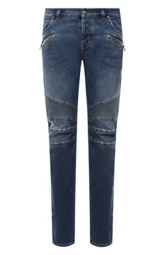 Мужские джинсы BALMAIN синего цвета, арт. WH1MH005/031D | Фото 1 (Силуэт М (брюки): Прямые; Кросс-КТ: Деним; Длина (брюки, джинсы): Стандартные; Стили: Гранж; Материал внешний: Хлопок; Детали: Потертости)