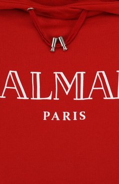 Детский хлопковое худи с логотипом бренда BALMAIN красного цвета, арт. S8E/8005/J168 | Фото 3 (Рукава: Длинные; Мальчики Кросс-КТ: Толстовка-одежда, Худи-одежда; Материал внешний: Хлопок; Статус проверки: Проверено, Проверена категория)
