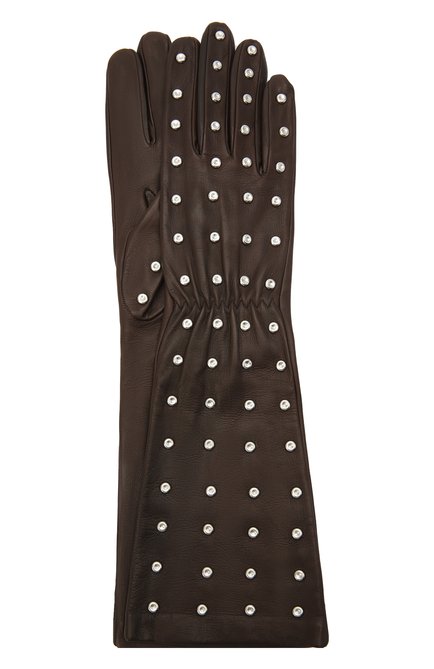 Женские кожаные перчатки BOTTEGA VENETA темно-коричневого цвета, арт. 649948/3V00F | Фото 1 (Длина (верхняя одежда): Длинные; Региональные ограничения белый список (Axapta Mercury): RU; Материал: Натуральная кожа)