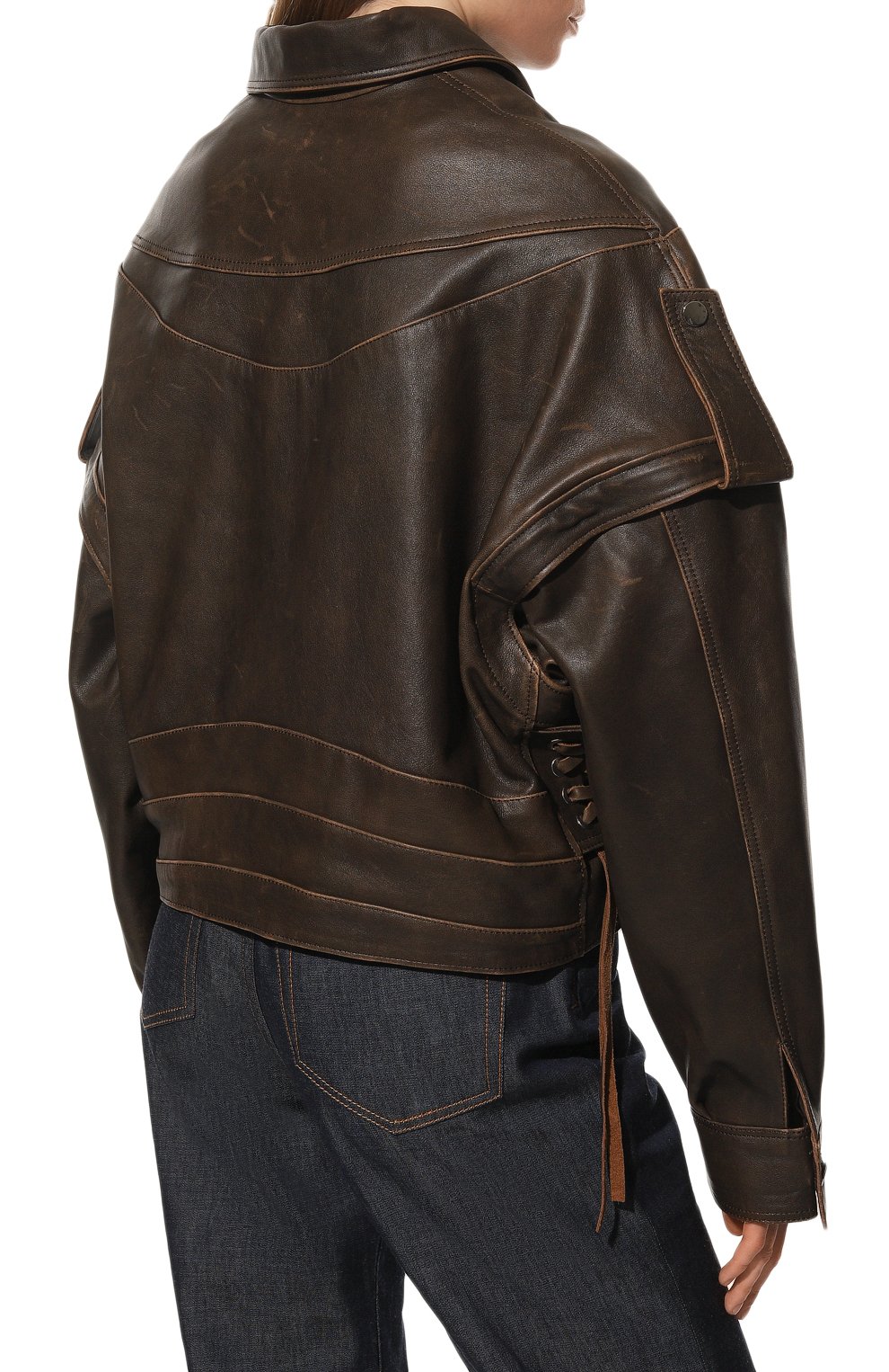 Женская кожаная куртка MANOKHI темно-коричневого цвета, арт. A00000985S | Фото 4 (Кросс-КТ: Куртка; Рукава: Длинные; Стили: Гламурный; Материал внешний: Натуральная кожа; Женское Кросс-КТ: Замша и кожа; Длина (верхняя одежда): Короткие; Материал подклада: Вискоза)