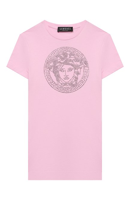 Детское хлопковое платье-футболка VERSACE розового цвета по цене 26200 руб., арт. 1000319/1A01421/8A-14A | Фото 1