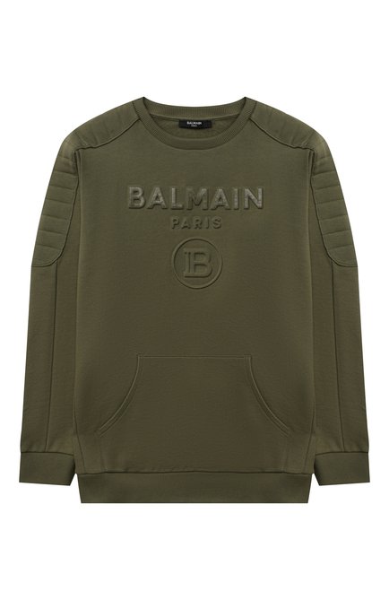 Детский хлопковый свитшот BALMAIN хаки цвета, арт. 6P4650 | Фото 1 (Рукава: Длинные; Материал внешний: Хлопок; Мальчики Кросс-КТ: Толстовка-одежда, Свитшот-одежда; Ростовка одежда: 10 - 11 лет | 140 - 146см, 12 лет | 152 см, 13 - 15 лет | 158 см, 16 лет | 164 см, 6 лет | 116 см, 8 лет | 128 см)