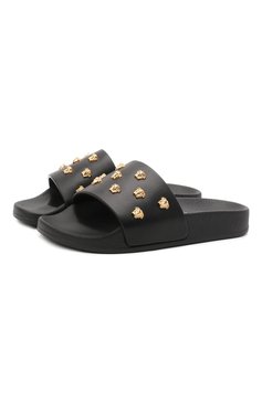 Детский кожаные шлепанцы VERSACE черного цвета, арт. 1000470/1A00138/35-38 | Фото 1 (Региональные ограничения белый список (Axapta Mercury): RU; Материал сплава: Проставлено; Нос: Не проставлено)