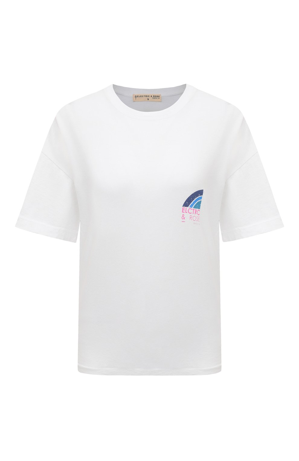 Женская хлопковая футболка ELECTRIC&ROSE белого цвета, арт. LFTP72-LIQ | Фото 1 (Рукава: Короткие; Длина (для топов): Стандартные; Принт: С принтом; Материал сплава: Проставлено; Материал внешний: Хлопок; Женское Кросс-КТ: Футболка-одежда; Драгоценные камни: Проставлено)