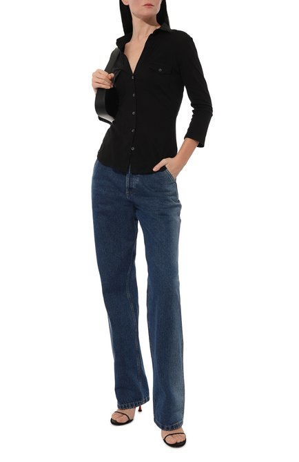 Женская хлопковая рубашка JAMES PERSE черного цвета, арт. WUA3042 | Фото 2 (Материал внешний: Хлопок; Рукава: 3/4; Длина (для топов): Стандартные; Женское Кросс-КТ: Рубашка-одежда; Принт: Без принта; Стили: Кэжуэл)