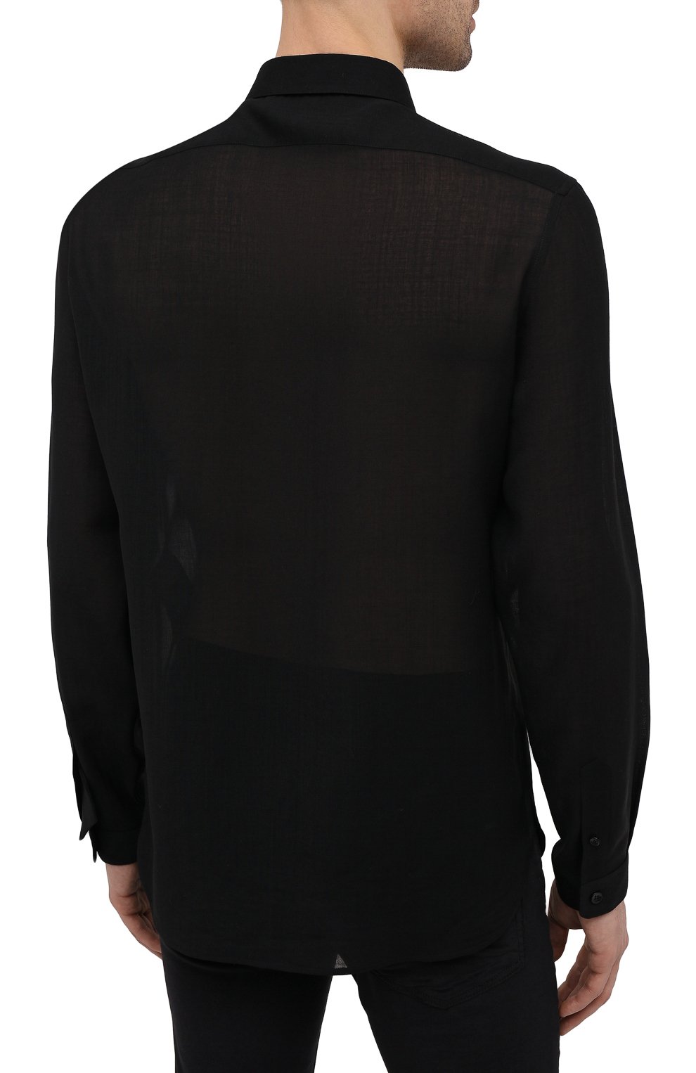 Мужская шелковая рубашка SAINT LAURENT черного цвета, арт. 644382/Y1C05 | Фото 4 (Манжеты: На пуговицах; Воротник: Кент; Материал внешний: Шерсть; Рукава: Длинные; Рубашки М: Regular Fit; Случай: Вечерний; Длина (для топов): Стандартные; Принт: С принтом; Стили: Кэжуэл)