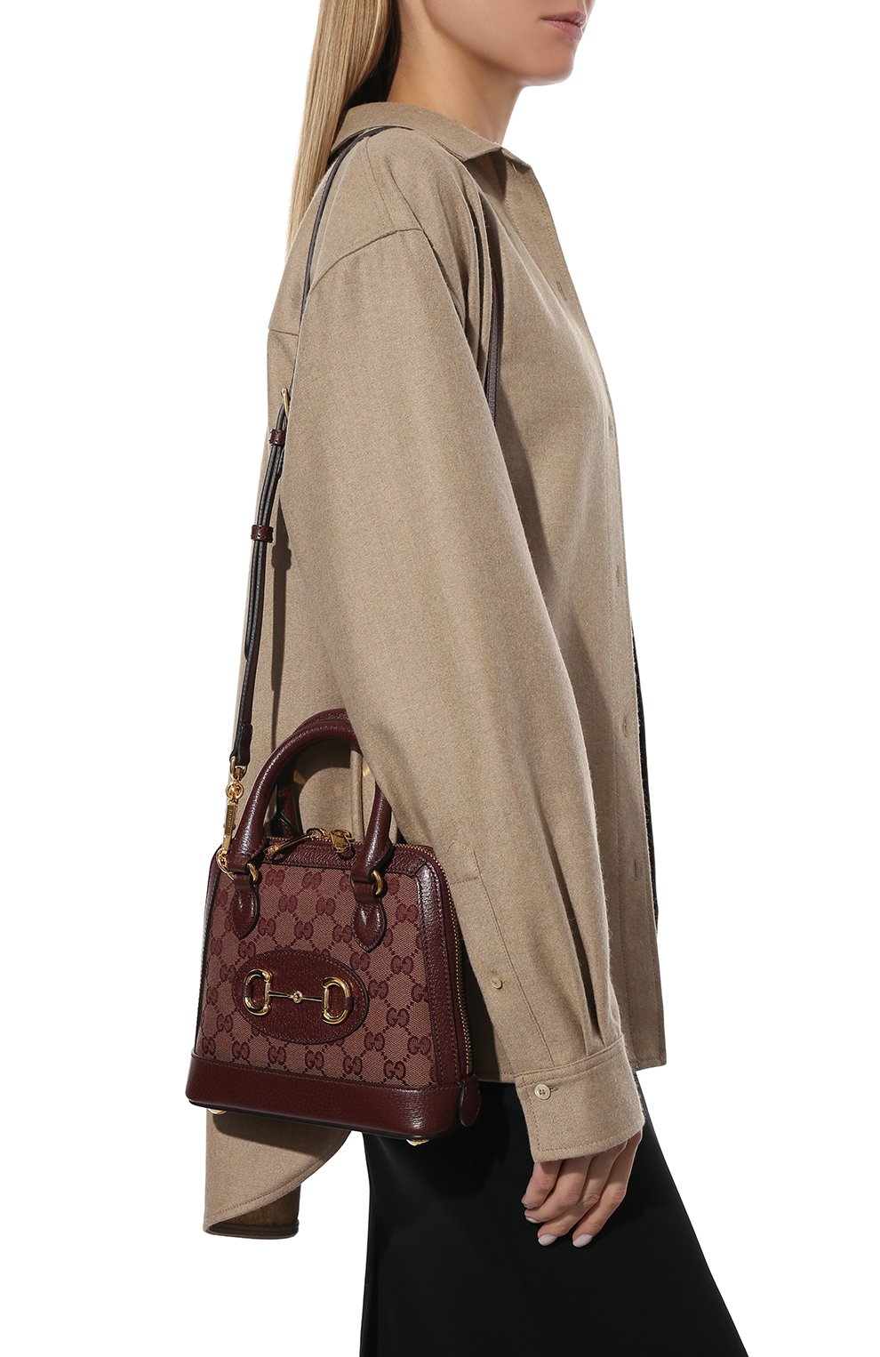 Женская сумка gg 1955 horsebit mini GUCCI бордового цвета, арт. 677212/9Y9MG | Фото 7 (Сумки-технические: Сумки top-handle; Размер: mini; Ремень/цепочка: На ремешке; Материал: Текстиль)