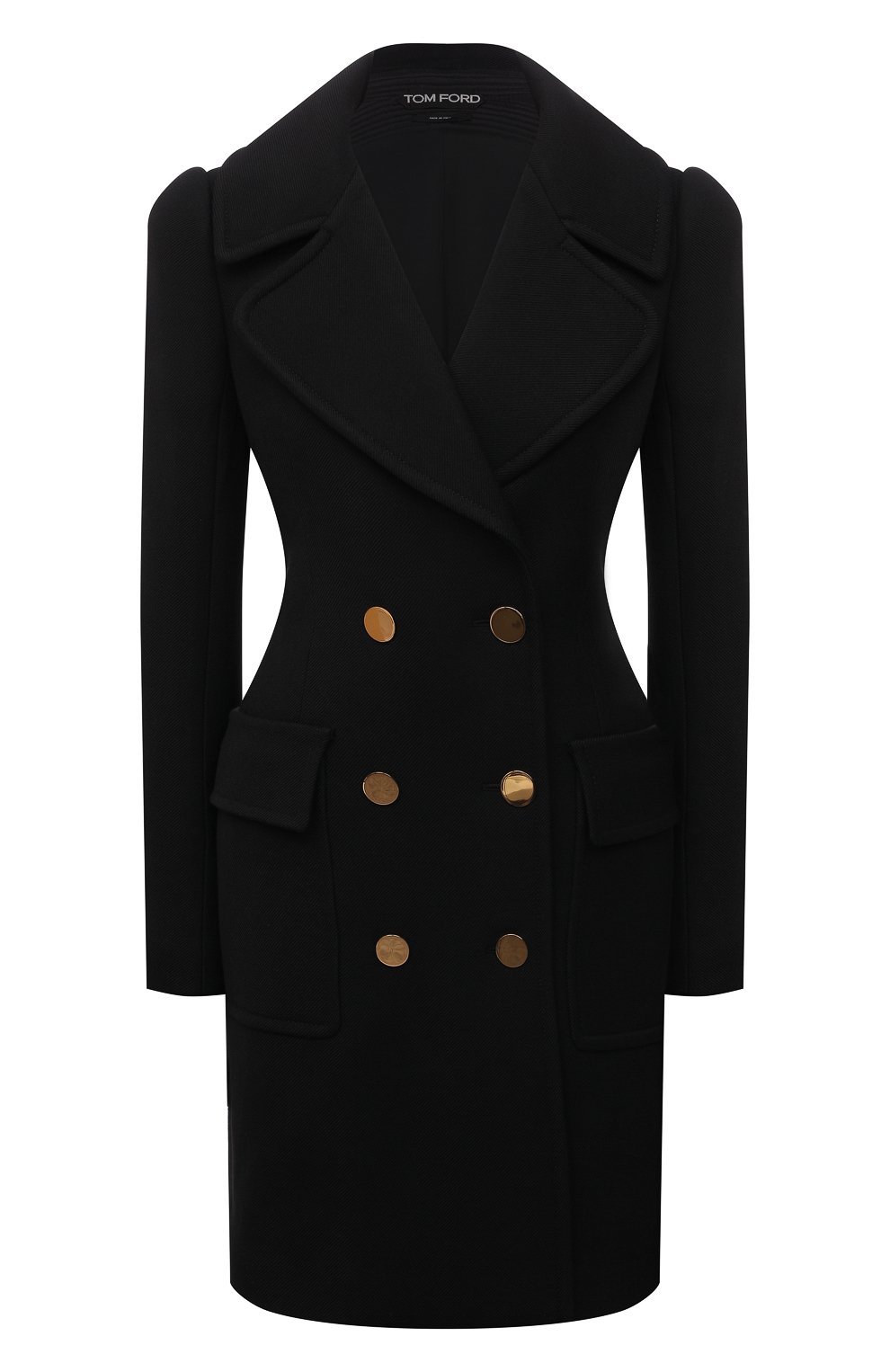 Женское шерстяное пальто TOM FORD черного цвета, арт. CP1541-FAX211 | Фото 1 (Материал внешний: Шерсть; Рукава: Длинные; Длина (верхняя одежда): До середины бедра; Стили: Классический; Материал подклада: Вискоза; 1-2-бортные: Двубортные)