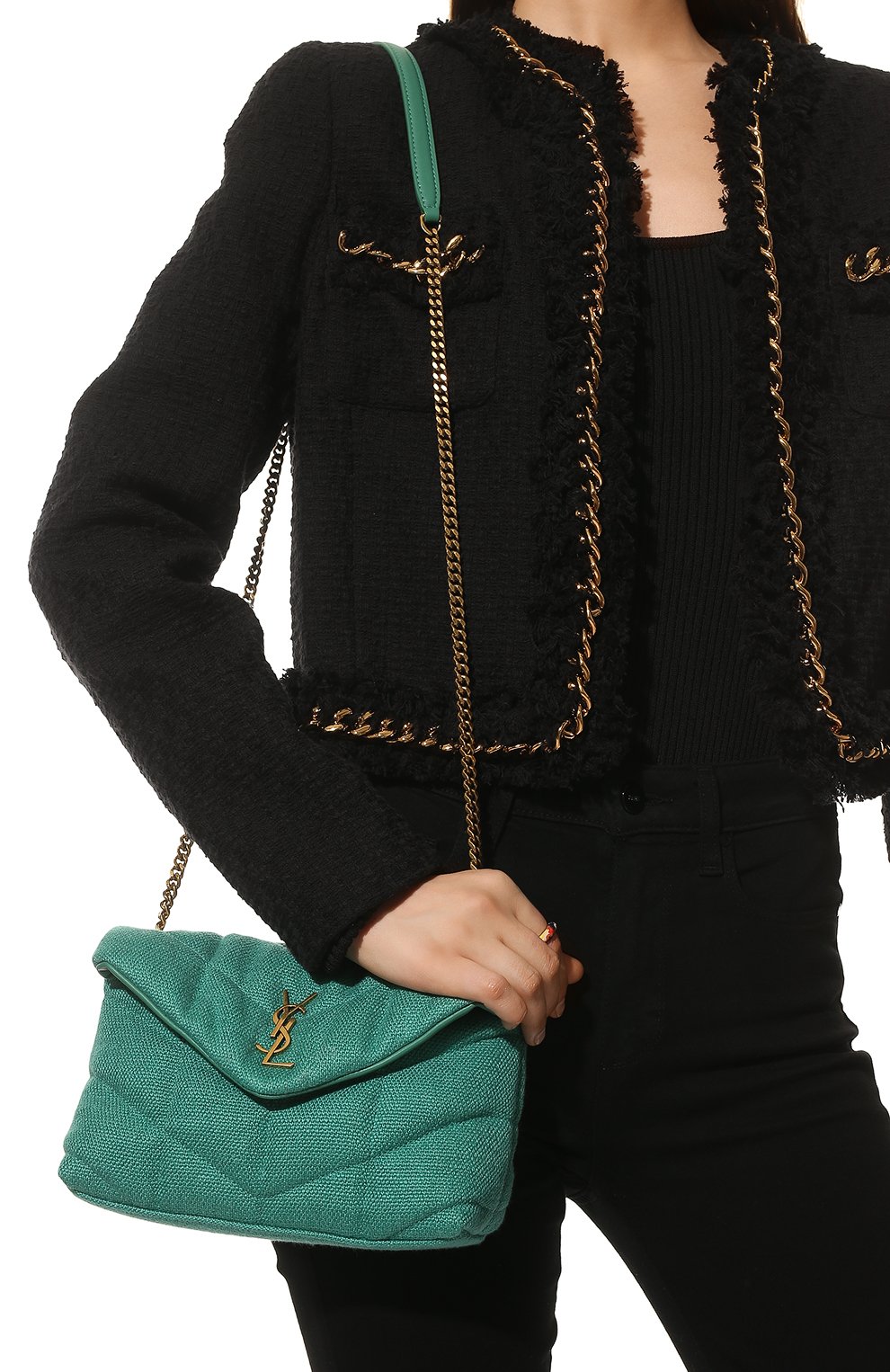 Женская сумка puffer mini SAINT LAURENT бирюзового цвета, арт. 620333/FAACV | Фото 2 (Сумки-технические: Сумки через плечо; Размер: mini; Ремень/цепочка: На ремешке; Материал: Текстиль)