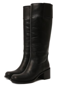 Женские кожаные сапоги MIU MIU черного цвета, арт. 5W234D-3L1P-F0002-055 | Фото 1 (Высота голенища: Средние, Высокие; Каблук высота: Средний; Каблук тип: Устойчивый; Материал утеплителя: Без утеплителя; Подошва: Плоская)