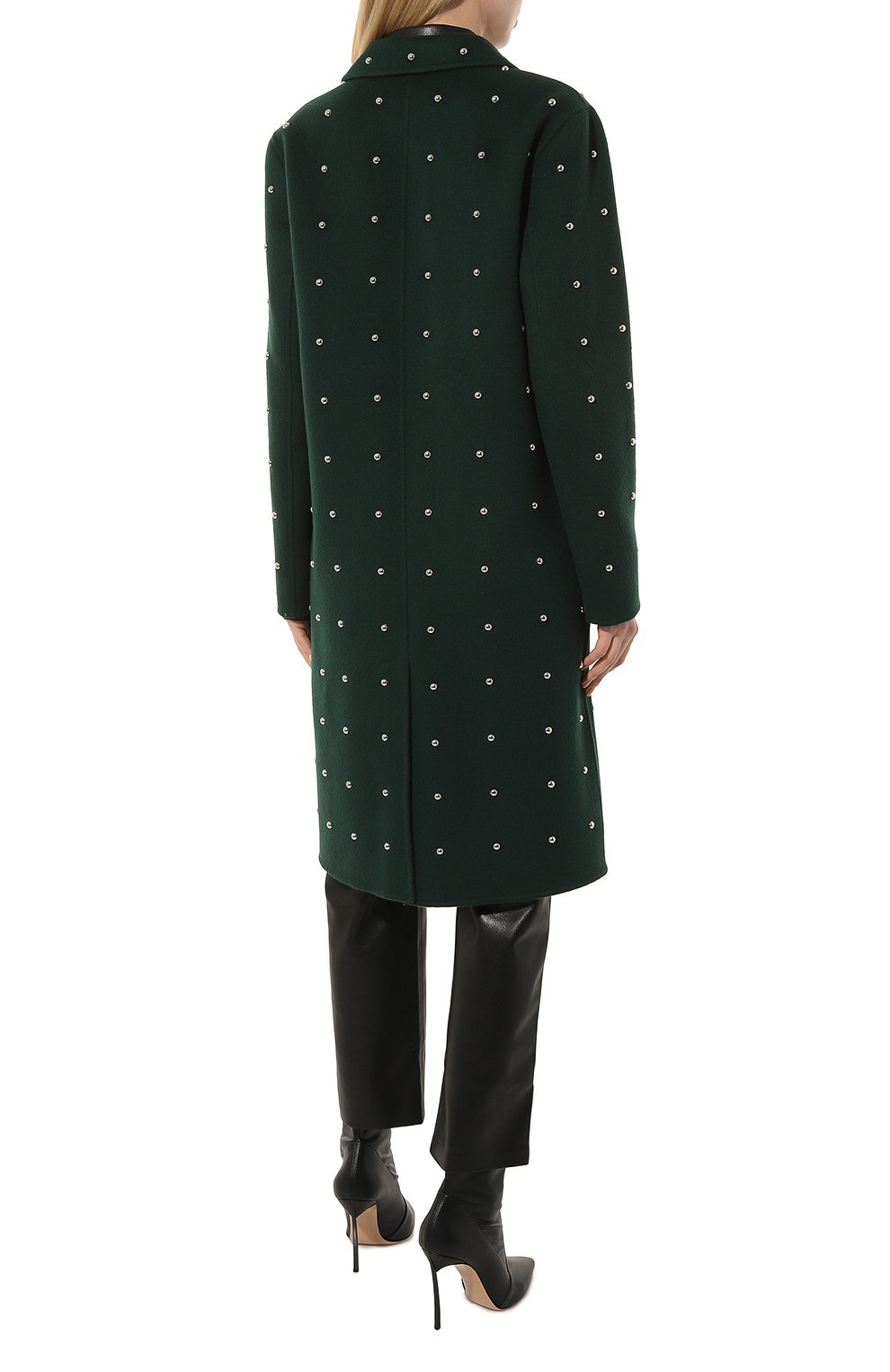 Женское шерстяное пальто P.A.R.O.S.H. темно-зеленого цвета, арт. LEAK-D430994B | Фото 4 (Материал внешний: Шерсть; Рукава: Длинные; Стили: Гламурный; Длина (верхняя одежда): До колена; 1-2-бортные: Однобортные)