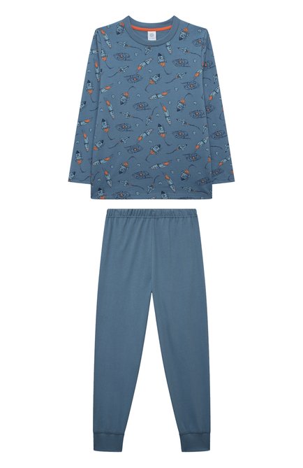 Женская хлопковая пижама SANETTA синего цвета, арт. 233219 | Фото 1 (Материал сплава: Проставлено; Материал внешний: Хлопок; Рукава: Длинные; Драгоценные камни: Проставлено)