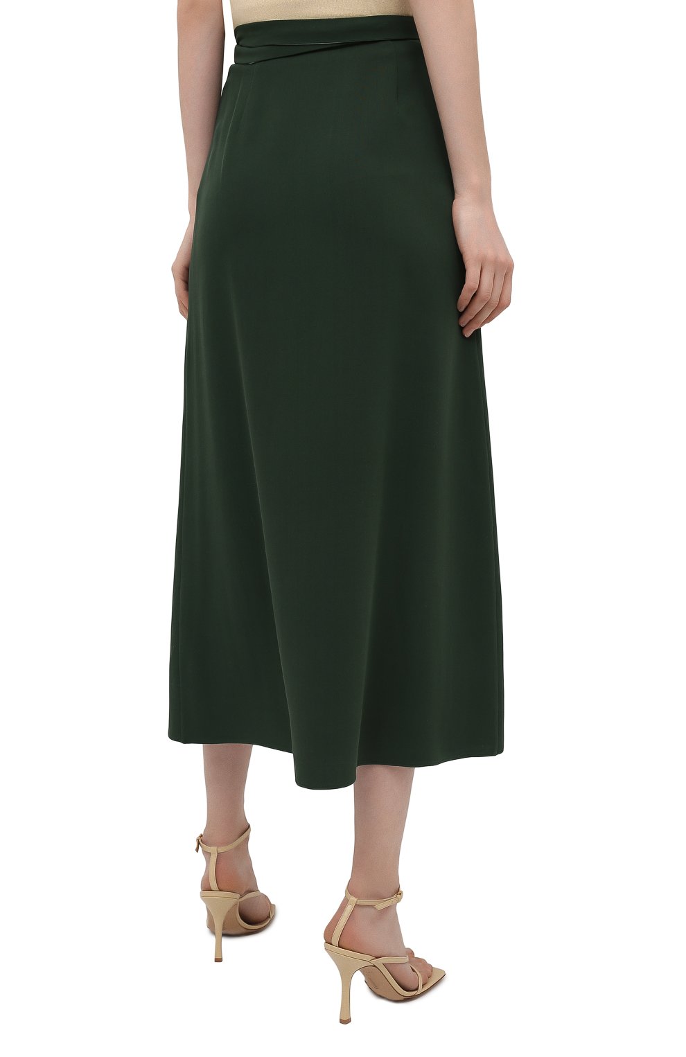 Женская шелковая юбка VALENTINO темно-зеленого цвета, арт. VB3RA7751MM | Фото 4 (Материал внешний: Шелк; Региональные ограничения белый список (Axapta Mercury): RU; Женское Кросс-КТ: Юбка-одежда; Длина Ж (юбки, платья, шорты): Миди; Материал подклада: Синтетический материал; Стили: Романтичный)