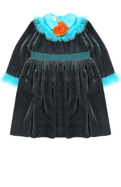 Детское платье с завышенной талией и контрастными оборками с брошью GUCCI бирюзового цвета, арт. 471134/ZB383 | Фото 1 (Рукава: Длинные; Случай: Вечерний; Материал внешний: Вискоза; Девочки Кросс-КТ: Платье-одежда; Ростовка одежда: 10 - 11 лет | 140 - 146см, 12 лет | 152 см, 4 года | 104 см, 6 лет | 116 см, 8 лет | 128 см)
