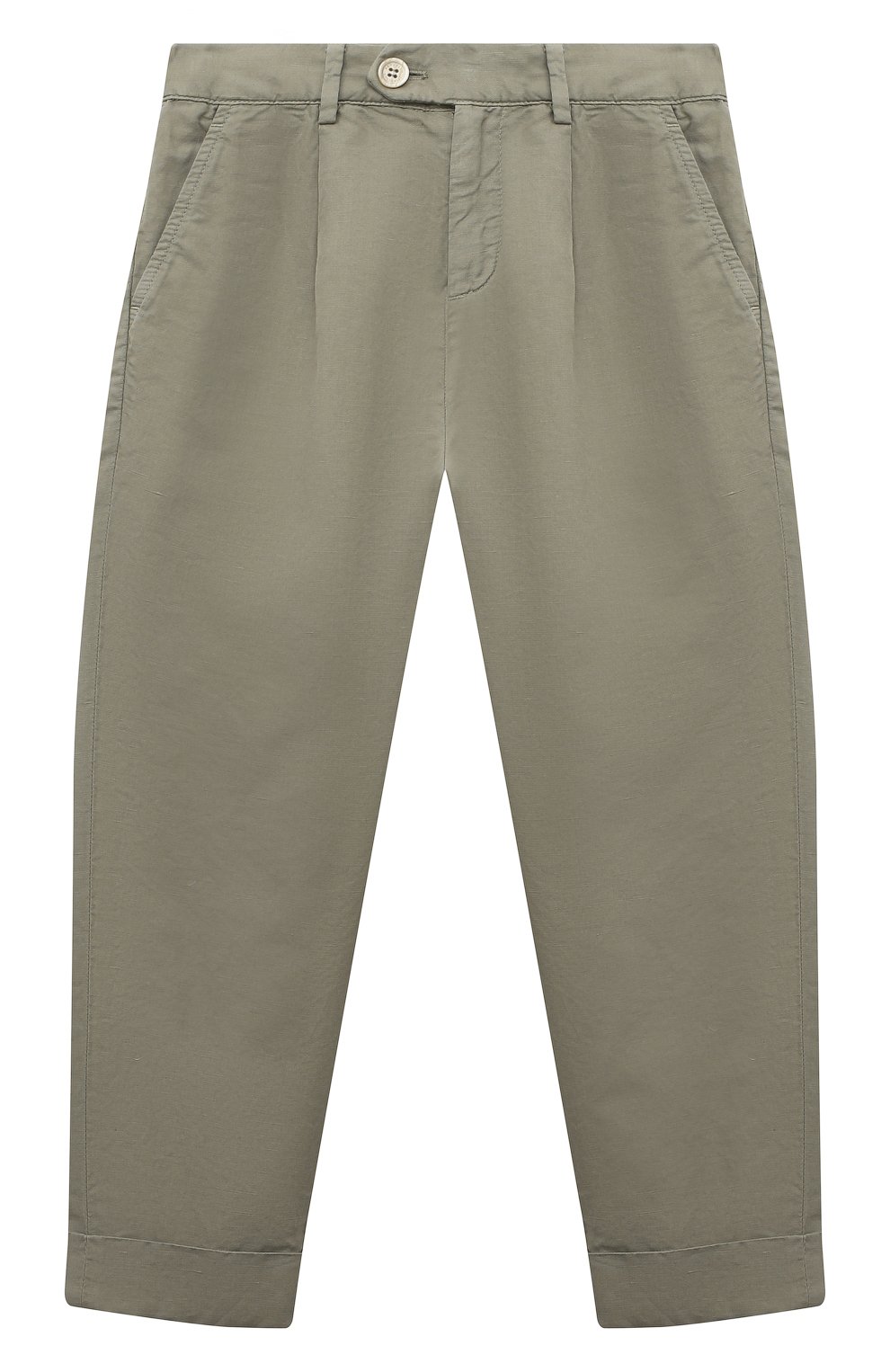 Детские брюки изо льна и хлопка BRUNELLO CUCINELLI хаки цвета, арт. B291DP100C | Фото 1 (Случай: Повседневный; Материал внешний: Хлопок, Лен)