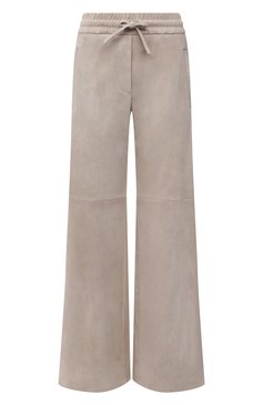 Женские замшевые брюки BRUNELLO CUCINELLI светло-бежевого цвета, арт. MPW30P7698 | Фото 1 (Длина (брюки, джинсы): Стандартные; Женское Кросс-КТ: Брюки-одежда, Кожаные брюки; Материал сплава: Проставлено; Силуэт Ж (брюки и джинсы): Расклешенные; Материал внешний: Натуральная кожа; Драгоценные камни: Проставлено; Стили: Кэжуэл)