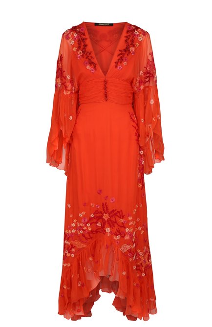 Женское приталенное шелковое платье асимметричного кроя ROBERTO CAVALLI кораллового цвета по цене 480500 руб., арт. GQR117/CQ001 | Фото 1