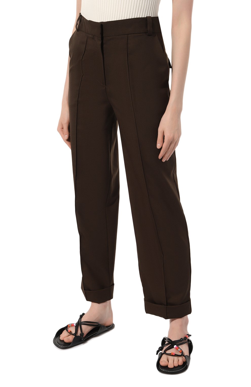 Женские шерстяные брюки AERON темно-коричневого цвета, арт. PA217 | Фото 3 (Материал внешний: Шерсть; Длина (брюки, джинсы): Стандартные; Женское Кросс-КТ: Брюки-одежда; Силуэт Ж (брюки и джинсы): Прямые; Материал сплава: Проставлено; Драгоценные камни: Проставлено; Материал подклада: Вискоза; Стили: Кэжуэл)
