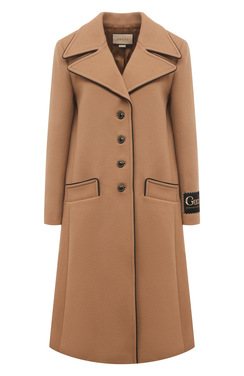 Женское шерстяное пальто GUCCI коричневого цвета, арт. 652015 ZAAL6 | Фото 1 (Материал внешний: Шерсть; Рукава: Длинные; Длина (верхняя одежда): До колена; 1-2-бортные: Однобортные; Стили: Кэжуэл)