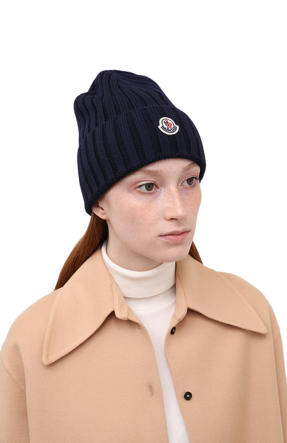Женская шерстяная шапка MONCLER темно-синего цвета, арт. G2-093-3B000-52-A9327 | Фото 2 (Материал: Текстиль, Шерсть)