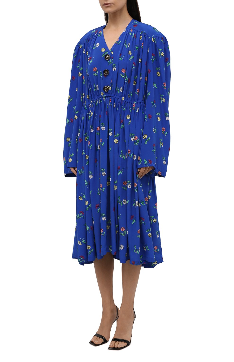 Женское шелковое платье BALENCIAGA синего цвета, арт. 675385/TLLA6 | Фото 3 (Материал внешний: Шелк; Рукава: Длинные; Стили: Гламурный; Случай: Повседневный; Длина Ж (юбки, платья, шорты): Миди; Женское Кросс-КТ: Платье-одежда)