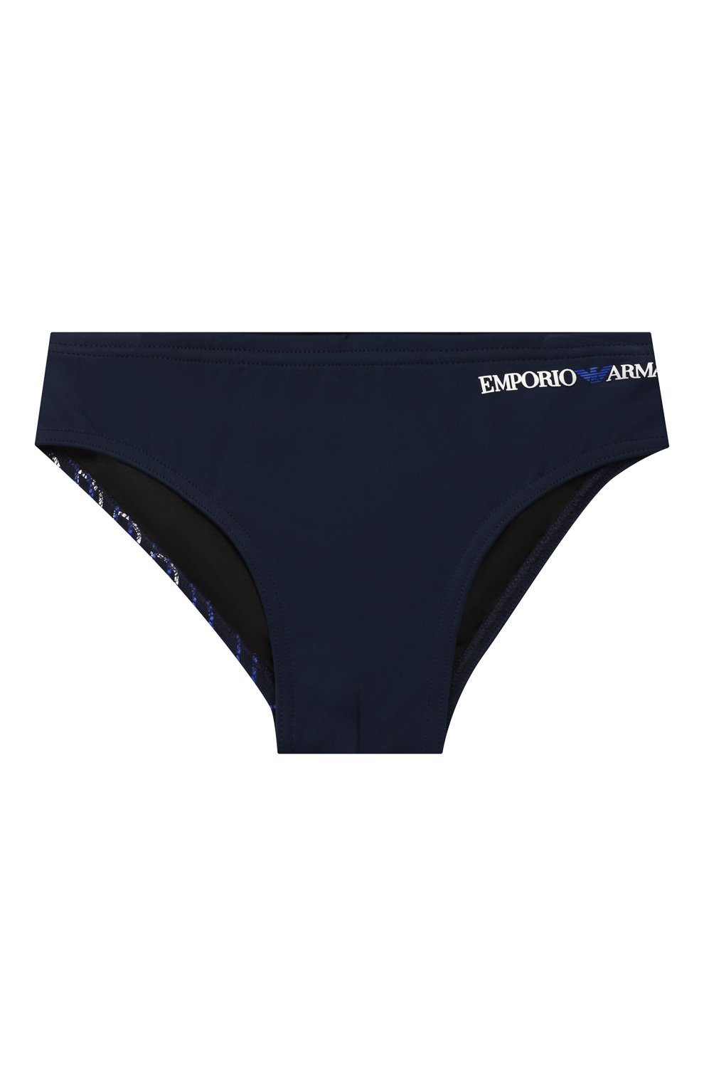 Детские плавки EMPORIO ARMANI темно-синего цвета, арт. 408504/9P201 | Фото 1 (Кросс-КТ: Пляж; Материал внешний: Синтетический материал; Принт: С принтом; Материал подклада: Синтетический материал; Статус проверки: Проверено)