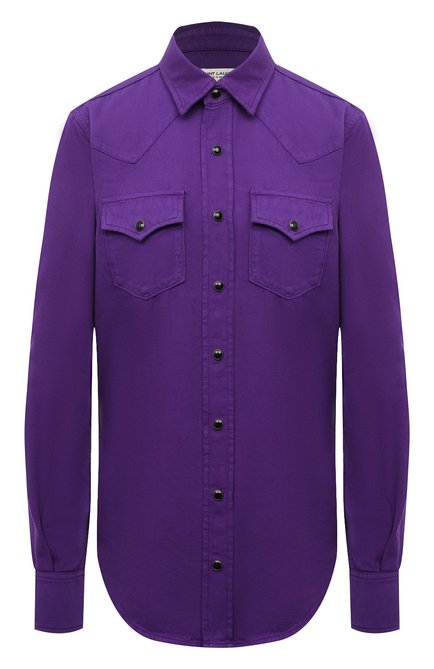 Женская хлопковая рубашка SAINT LAURENT фиолетового цвета, арт. 615139/YK972 | Фото 1 (Материал внешний: Хлопок; Рукава: Длинные; Длина (для топов): Удлиненные; Стили: Гламурный; Принт: Без принта; Женское Кросс-КТ: Рубашка-одежда)