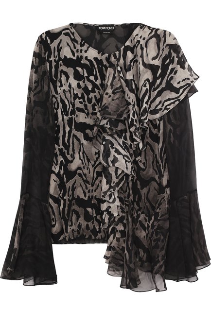 Женская шелковая блузка TOM FORD серого цвета, арт. TS1613-FAP041 | Фото 1 (Материал внешний: Шелк; Рукава: Длинные; Длина (для топов): Стандартные; Женское Кросс-КТ: Блуза-одежда; Принт: С принтом)