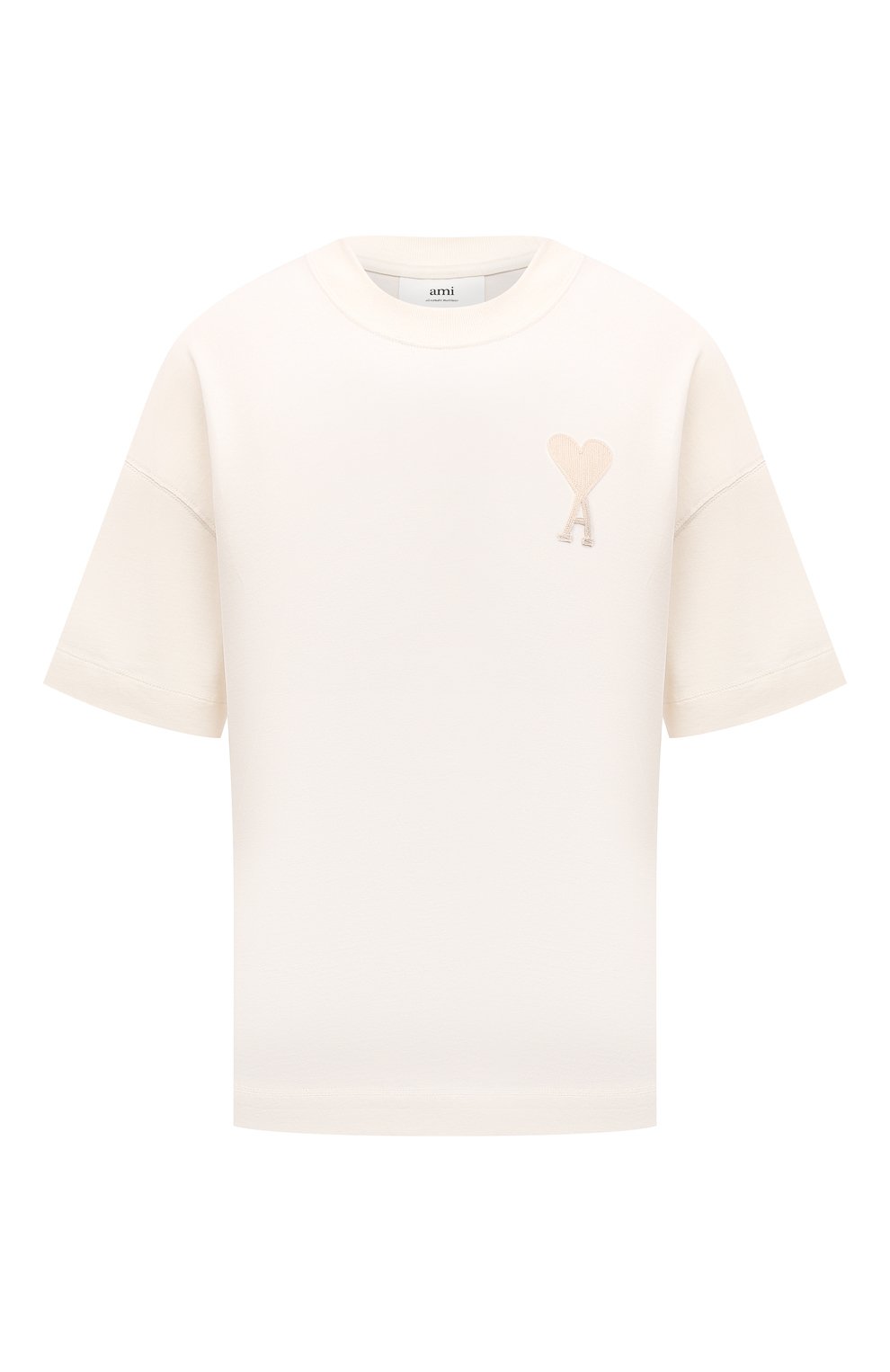 Женская хлопковая футболка AMI светло-бежевого цвета, арт. E21FJ128.726 | Фото 1 (Рукава: Короткие; Длина (для топов): Стандартные; Принт: С принтом; Региональные ограничения белый список (Axapta Mercury): RU; Материал внешний: Хлопок; Стили: Спорт-шик; Женское Кросс-КТ: Футболка-одежда)