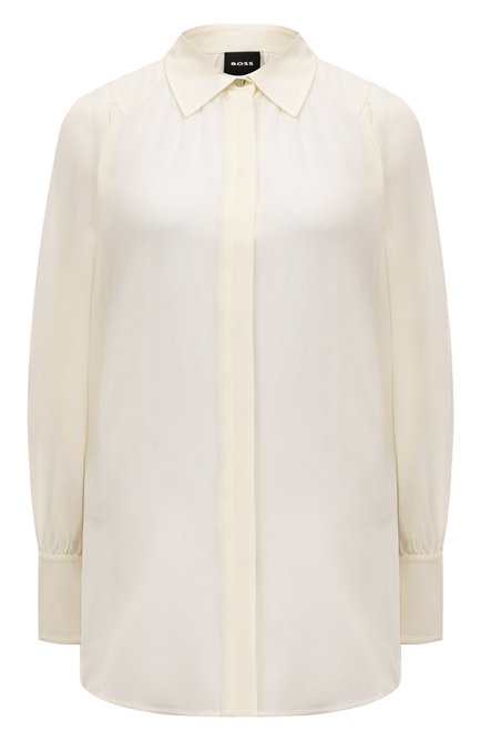 Женская шелковая рубашка BOSS белого цвета, арт. 50505643 | Фото 1 (Материал сплава: Проставлено; Драгоценные камни: Проставлено; Рукава: Длинные; Материал внешний: Шелк; Длина (для топов): Удлиненные)