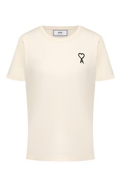 Женская хлопковая футболка AMI кремвого цвета, арт. E20FJ131.702 | Фото 1 (Рукава: Короткие; Длина (для топов): Стандартные; Принт: С принтом; Материал внешний: Хлопок; Стили: Спорт-шик; Женское Кросс-КТ: Футболка-одежда)