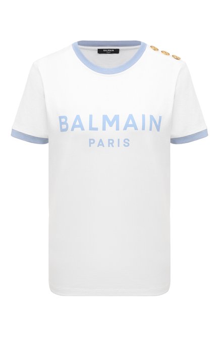 Женская хлопковая футболка BALMAIN голубого цвета по цене 55400 руб., арт. CF1EF006/BB02 | Фото 1