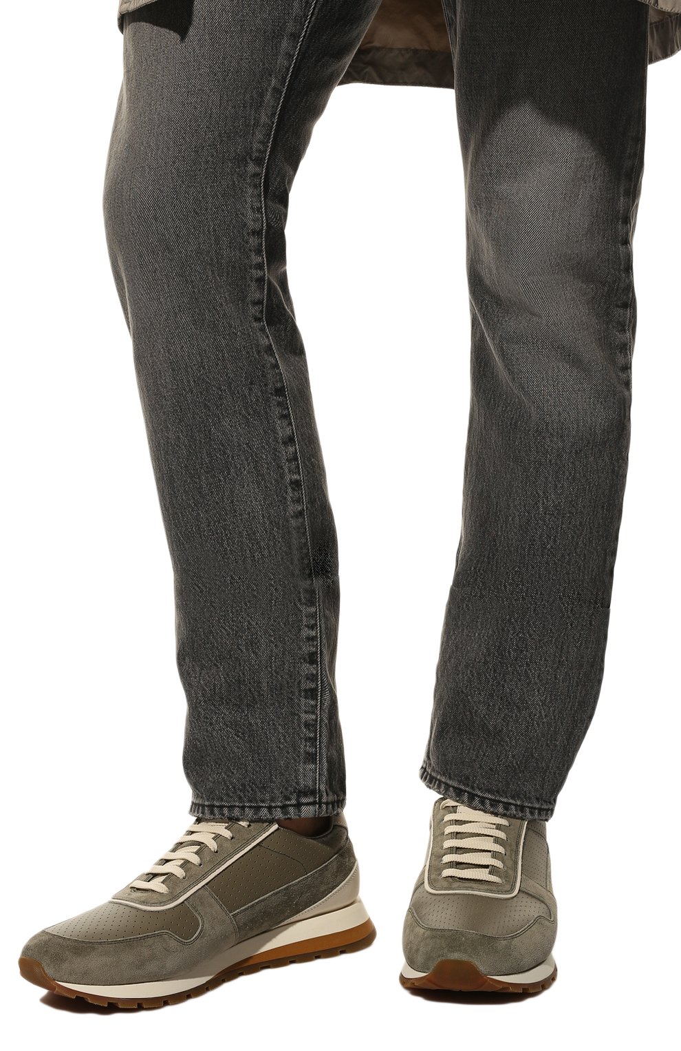 Мужские кожаные кроссовки BRUNELLO CUCINELLI хаки цвета, арт. MZUKSPA289 | Фото 3 (Материал внутренний: Натуральная кожа; Стили: Классический; Материал утеплителя: Без утеплителя; Подошва: Массивная)