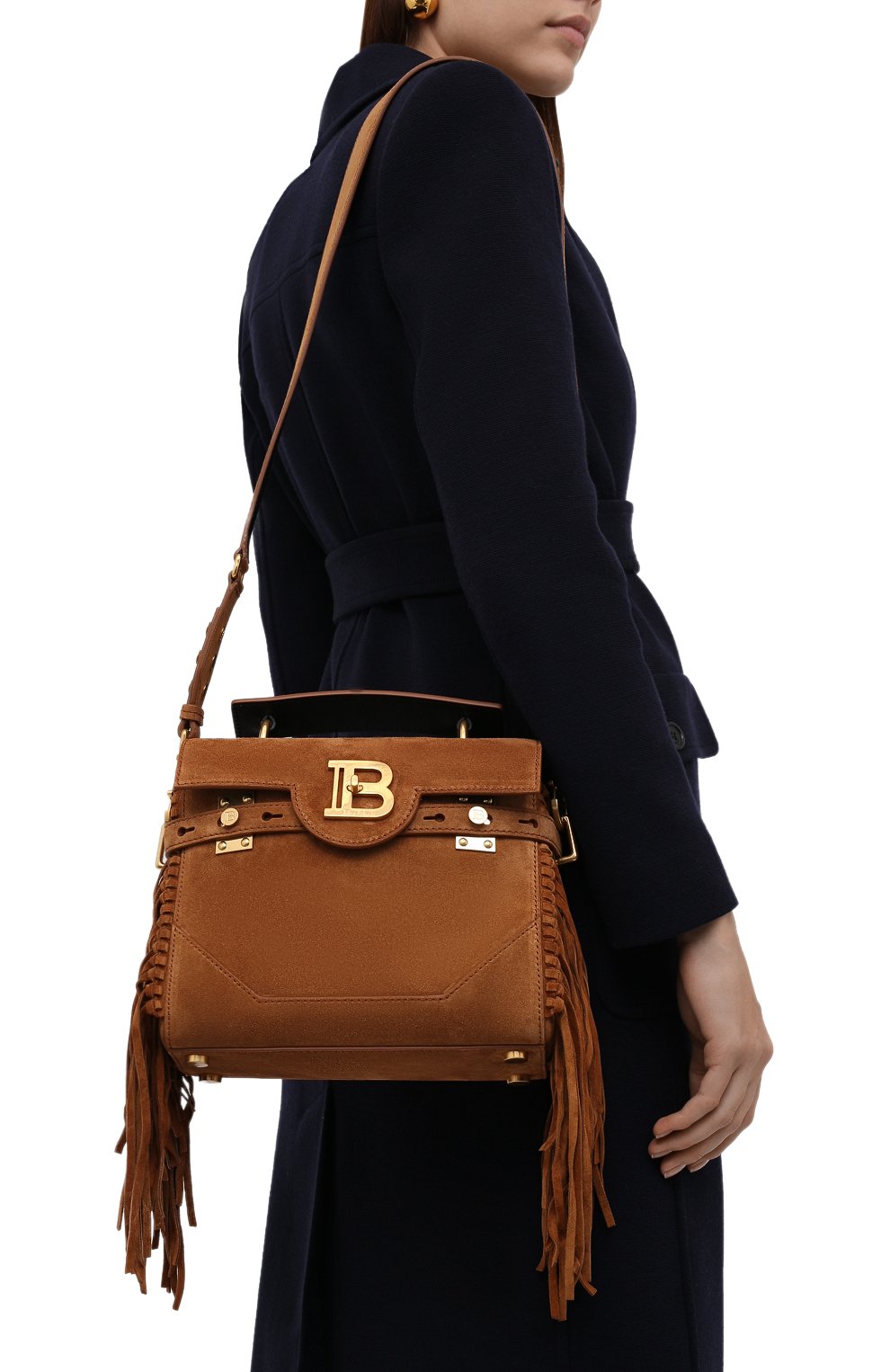 Ж�енская сумка buzz 23 BALMAIN коричневого цвета, арт. WN1DB534/LCRF | Фото 5 (Сумки-технические: Сумки top-handle; Материал: Натуральная кожа, Натуральная замша; Ремень/цепочка: На ремешке; Размер: small)