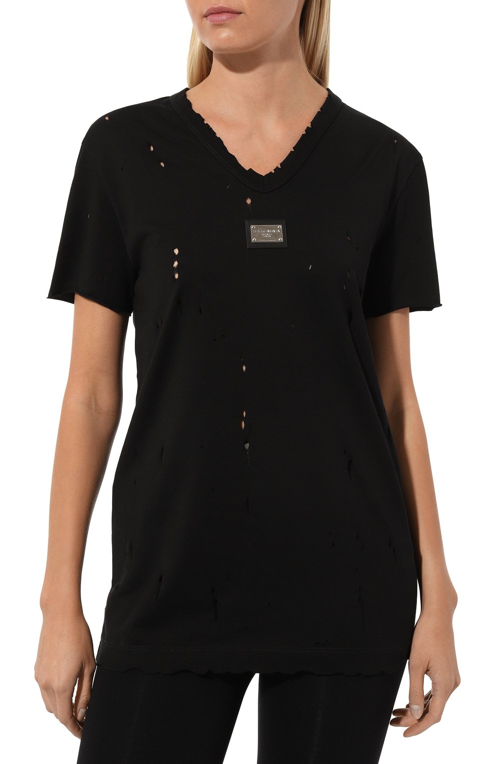 Женская хлопковая футболка DOLCE & GABBANA черного цвета, арт. F8T69T/FU7EQ | Фото 3 (Принт: Без принта; Рукава: Короткие; Длина (для топов): Стандартные; Материа л сплава: Проставлено; Материал внешний: Хлопок; Стили: Спорт-шик; Женское Кросс-КТ: Футболка-одежда; Драгоценные камни: Проставлено)