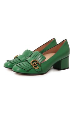Женские кожаные туфли GUCCI зеленого цвета, арт. 408208 C9D00 | Фото 1 (Каблук высота: Низкий; Материал внутренний: Натуральная кожа; Каблук тип: Устойчивый; Подошва: Плоская)