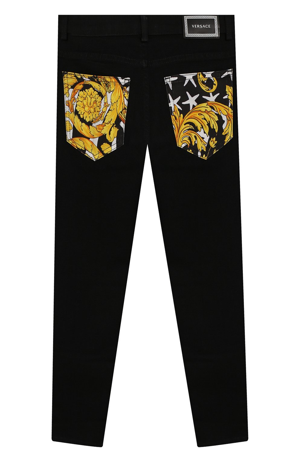 Детские джинсы VERSACE черного цвета, арт. YD000066/YA00082/8A-14A | Фото 2 (Материал внешний: Синтетический материал, Хлопок, Полиэстер; Статус проверки: Проверено, Проверена категория)