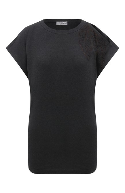 Женская хлопковая футболка BRUNELLO CUCINELLI темно-серого цвета, арт. M0A45BM900 | Фото 1 (Материал внешний: Хлопок; Рукава: Короткие; Длина (для топов): Стандартные; Стили: Кэжуэл; Принт: Без принта; Женское Кросс-КТ: Футболка-одежда)
