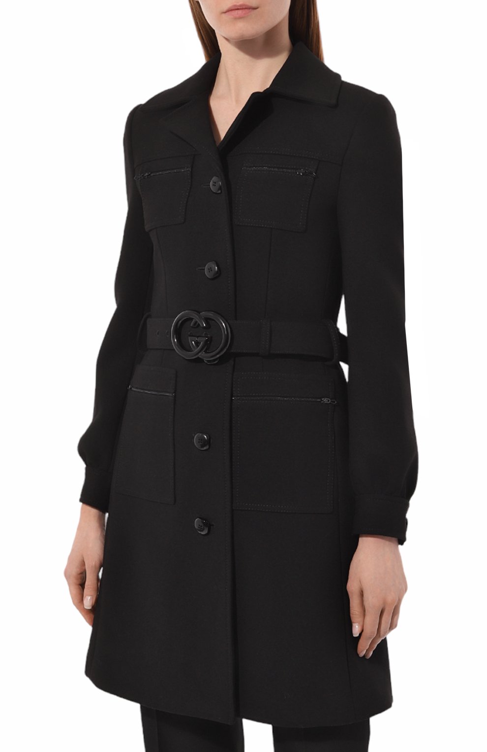Женское шерстяное пальто GUCCI черного цвета, арт. 577442 Z8ADM | Фото 3 (Стили: Ретро; Материал внешний: Шерсть; Рукава: Длинные; Длина (для топов): Удлиненные; 1-2-бортные: Однобортные)